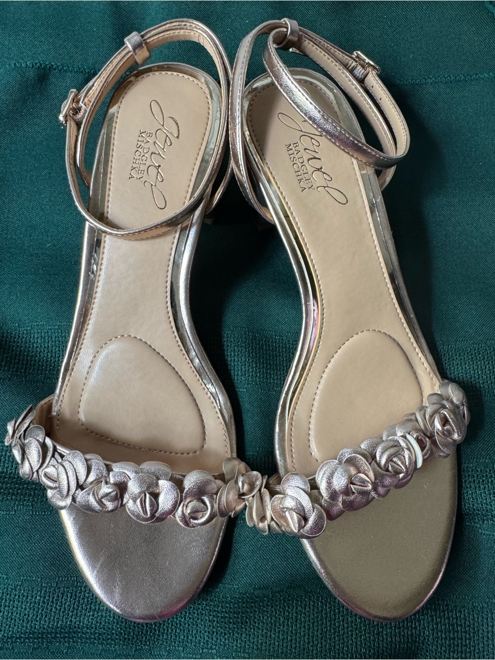 Badgley Mischka Metallic Rose-Trim Ankle-Strap Sandals in Gold